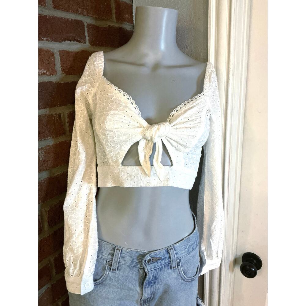 White Eyelet Tie Front Crop Top Cottagecore Coquette Long Sleeve Blouse Romantic